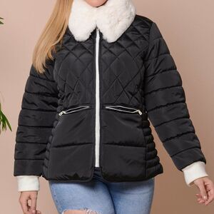 Black with White Faux Fur Collar Puffer Coat